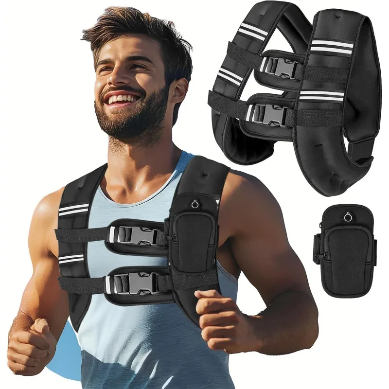 Weighted Vest with Arm Phone Pouch, Reflective Strip Weight Training Vest for Men Women, Fitness Weight Vest for Running Workout Training