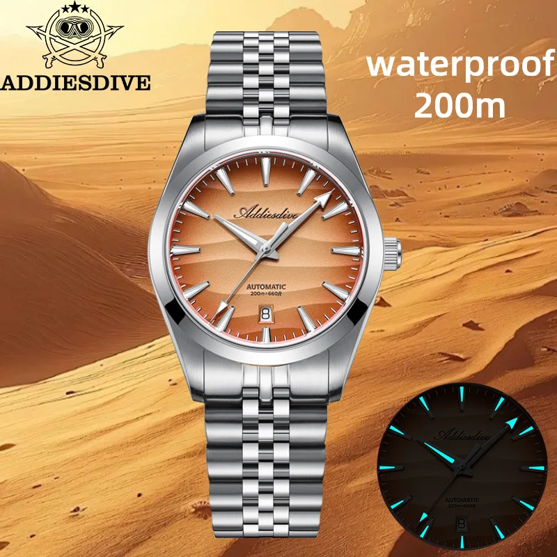 ADDIESDIVE Luxury Desert Dial Mechanical Watch Sapphire Glass 20Bar Waterproof Stainless Steel 39mm Automatic Men Watch Luminous