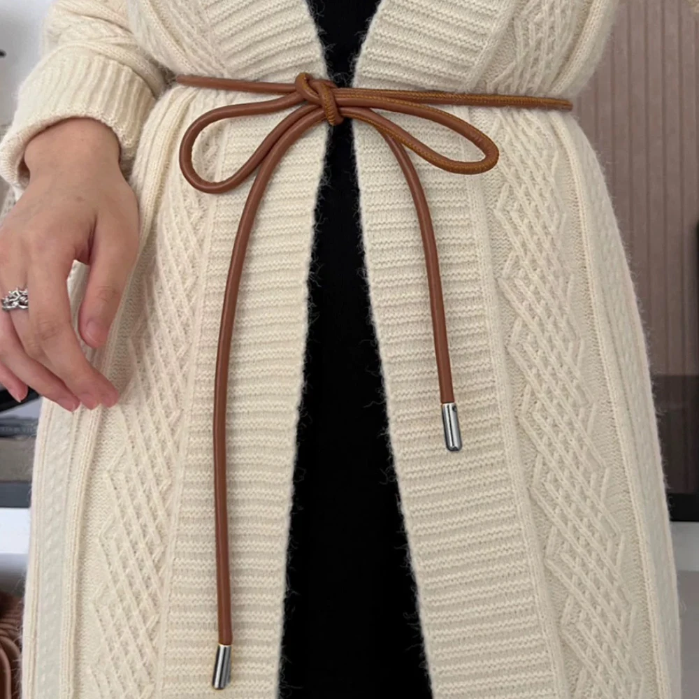 Female Waistband Round Leather Rope Thin Belt Women Dress Skirt Sweater Coat Vintage Bow Knot Long Waist Rope Decorative Belt