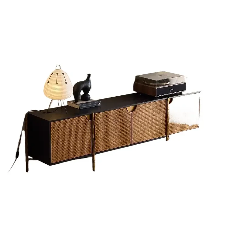 Simple Forged Wrought Iron Solid Wood TV Cabinet Medium Ancient Style Retro Old Rattan Audio Visual Cabinet Sandy Wind