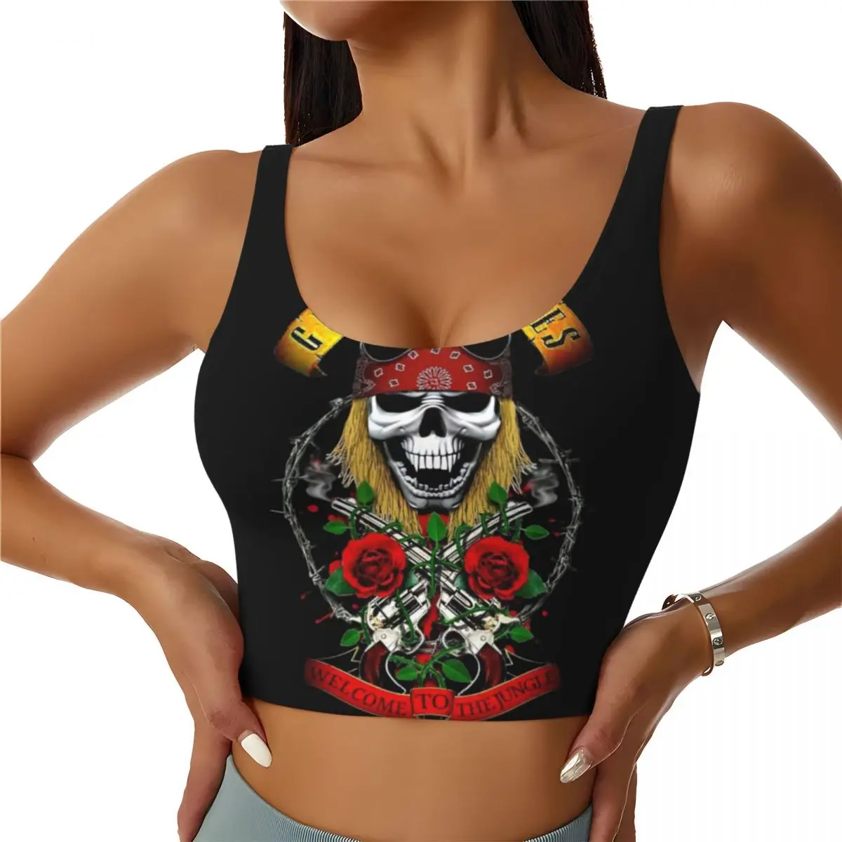 

Custom Guns N Rose Skull Heads Band Workout Crop Tank Tops Women Yoga Sports Bras