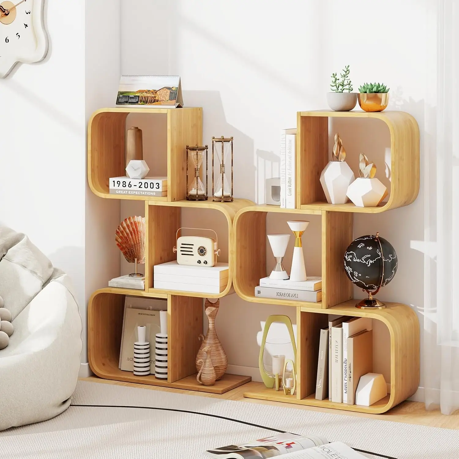 

Bamboo Geometric Bookshelf, 3-Tier S-Shaped Bookcase w/Open Cubes & Anti-Tipping Device, Freestanding Display Shelf Stor