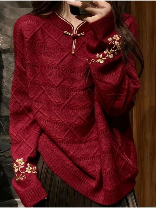 

Новый китайский свитер больших размеров (до 300 фунтов) с воротником-стойкой, вышивкой и пуговицами, осенне-зимний, красный, средней мягкости