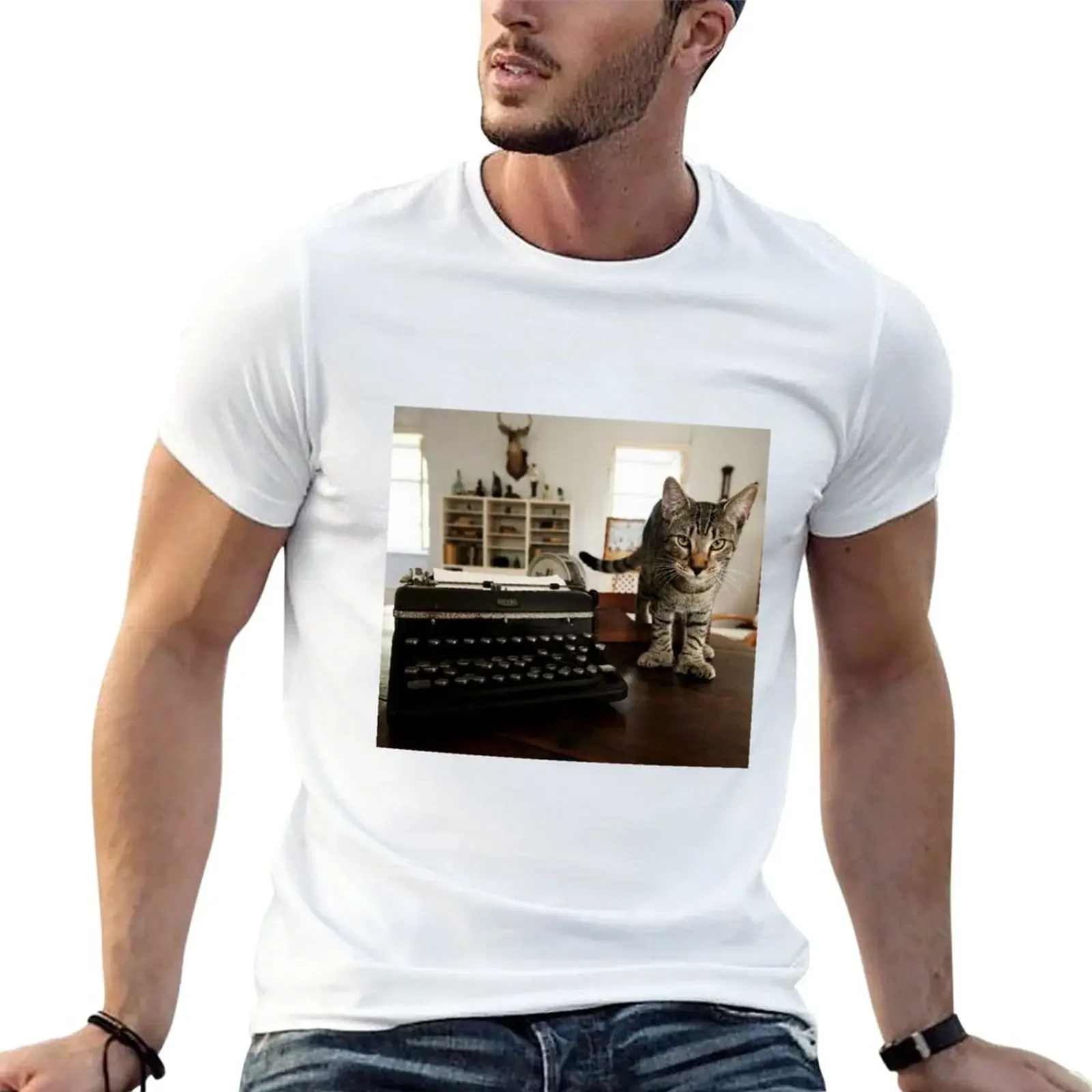 New Vintage Ernest Hemingway Tabby Cat on Writing Desk T-Shirt custom t shirts oversized t shirts mens funny t shirts