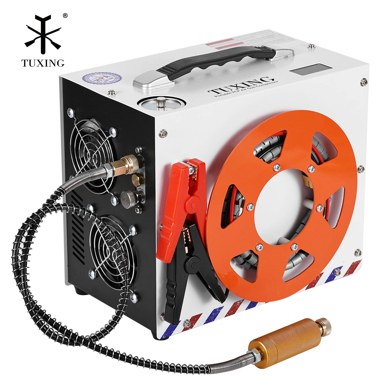 New Style Wire Spool Design 12V 4500psi 300bar DC Power Adapter Fan Cooling Auto Stop   Portable Air Compressor