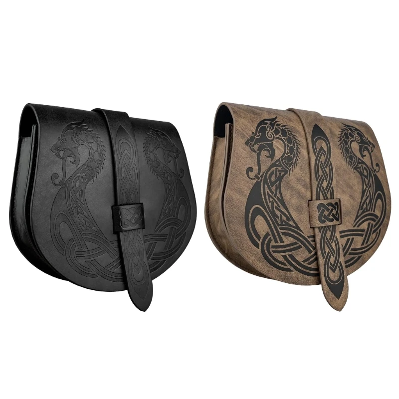 Vintage Medieval Leather Belt Bag Embossed Leather Side Pack Medieval Belt Pouches Leather Waist Pack for Cosplay Party