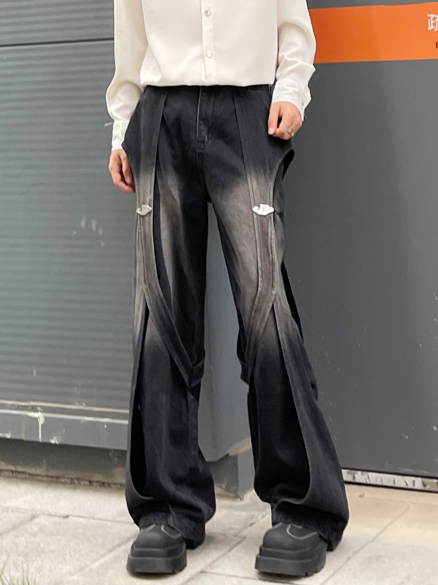 American Retro High Sense Gradual Change Splicing Black Jeans Men's Design Sense Trend Loose Scimitar Pants