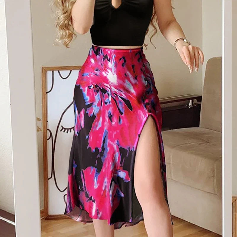 

Print Skirt Women Summer Fashion High Waist Chiffon Split Beach Casual Midi Y2K Boho Elegant Vacation A Line Skirts Jupe Faldas