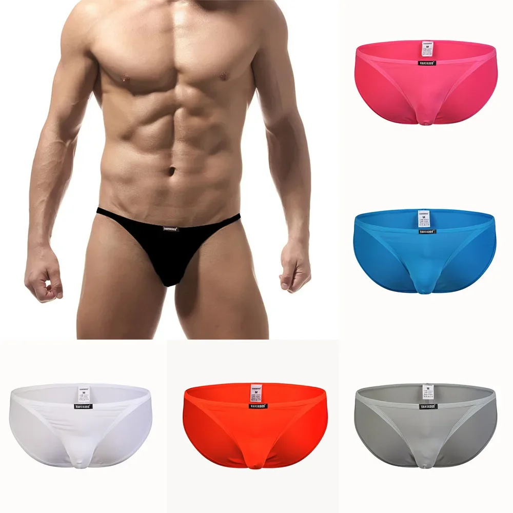 Roupa interior sexy de seda gelada para homens, bolsa Sissy Bulge, lingerie lateral estreita, calcinha baixa, lingerie ultrafina, roupa interior masculina sem costura