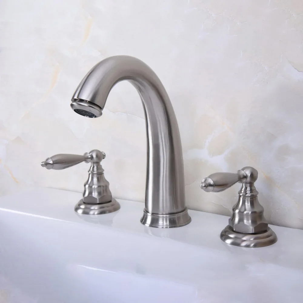 

Brushed Nickel Brass Widespread Deck-Mounted Tub 3 Holes Dual Lever Handles Kitchen Bathroom Tub Sink Basin Faucet Tap mbn015