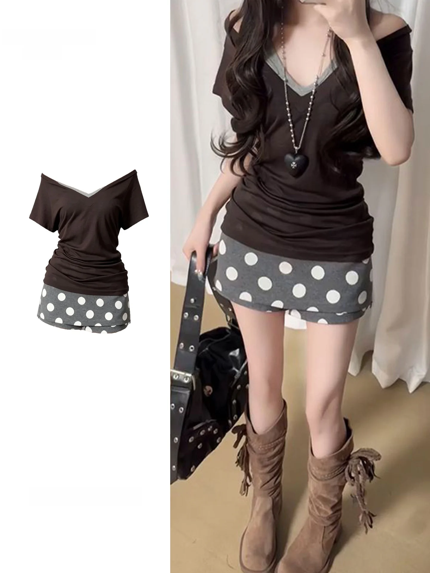

Summer New plus Size Korean Style V-Neck Short Sleeve T-Shirt Women's Polka Dot High Waist Slimming Short Skirt Two-Piece Set