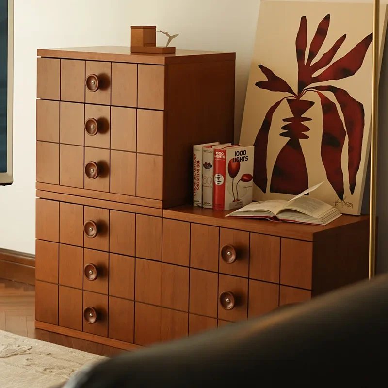 Solid wood retro, button module cabinet, bedroom bedside table, multi-functional storage cabinet