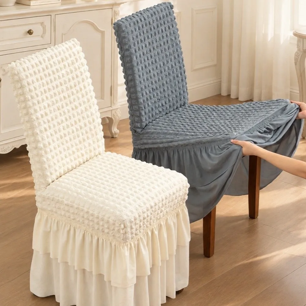 Bubble Texture Dining Chair Cover Double Layer Ruffled Skirt Parsons Chair Protector Full Wrap Stretch Fabric
