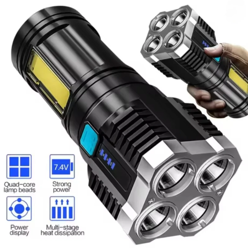 High Power LED Flashlights Camping Torch With 4 Lamp Beads And COB Side Light Rechargeable Portable Hand Lantern 4 Lighting Mode