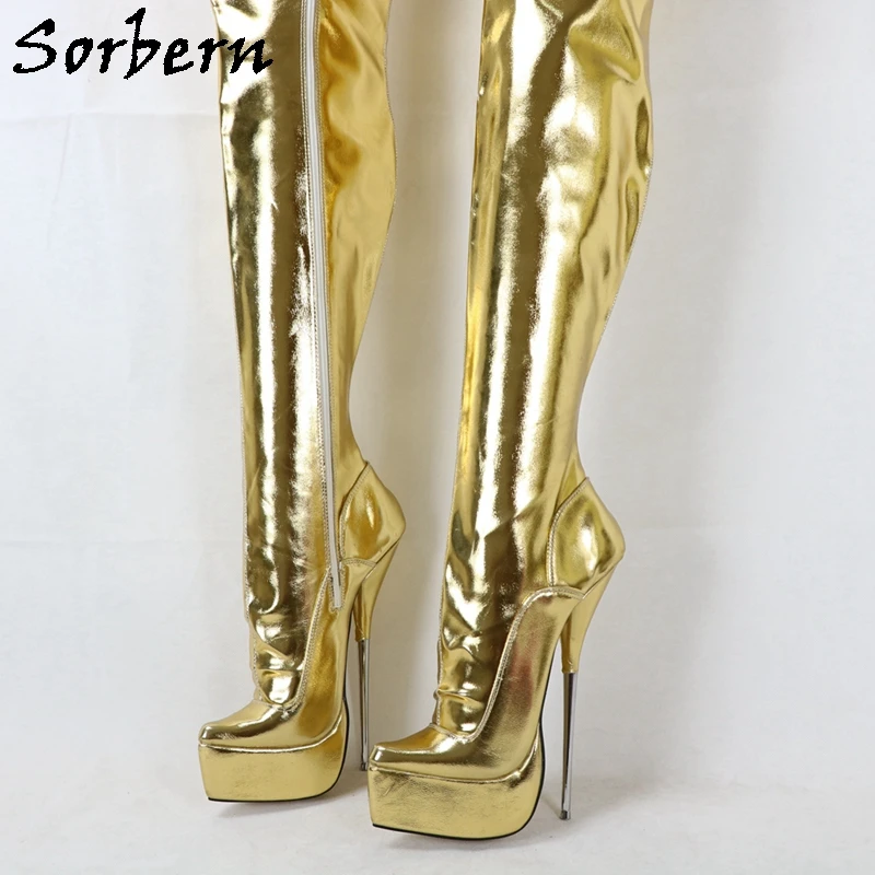 Sorbern Gold Metallic Crotch Thigh Boots Women Platform Ballet High Heel Stilettos Zipper Up Pointed Toe Fetish Sm Boot Custom