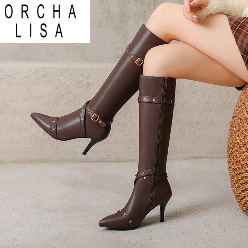 

ORCHA LISA Сапоги до колена с пряжками и заклепками, острый носок, туфли на шпильке 8 см, искусственная кожа, размер 41, 42, 43, мода