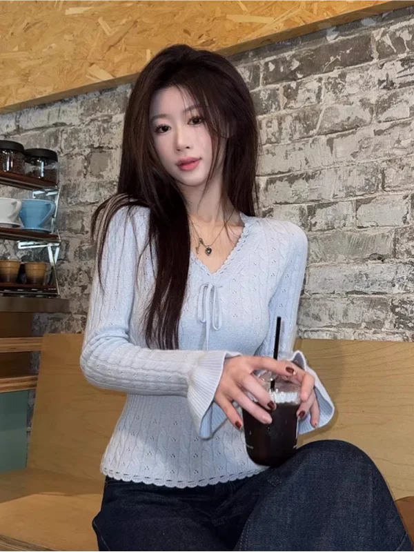 Coreano sle v-ne oco para fora malha topo feminino fino ajuste ort svel irt floral sve roupa interior inverno faion