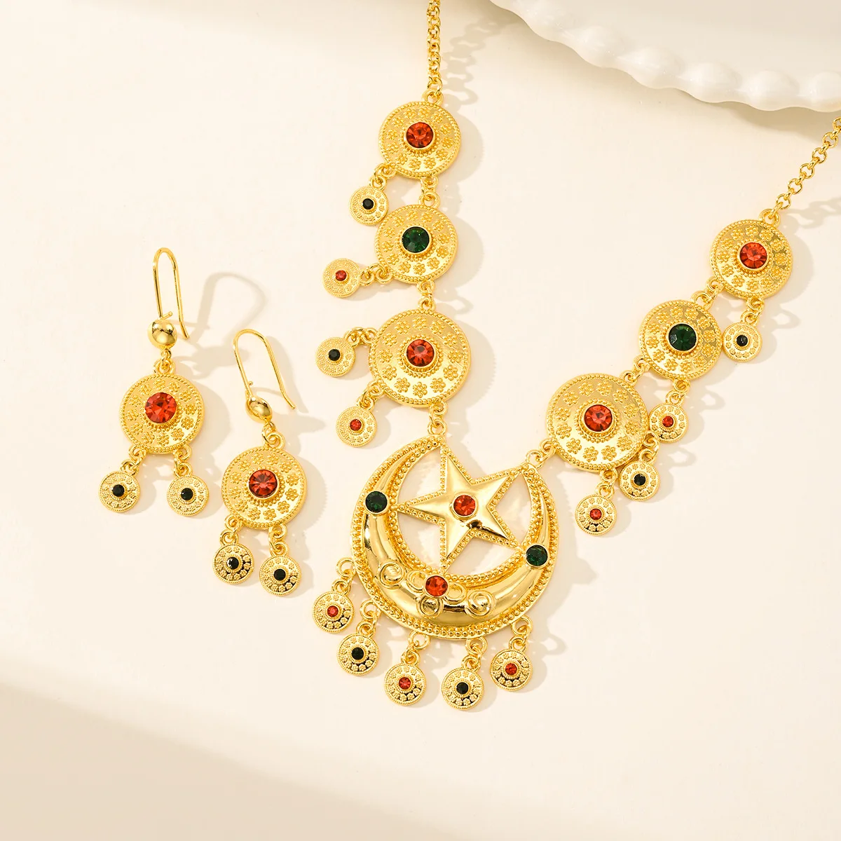 9999 Gold Arabian Star and Moon Necklace Earrings Set - Ethnic Style Women's Jewelry Luxury Accessories