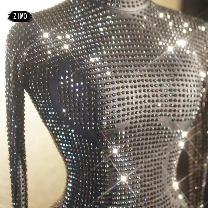 luxury Sparkly Rhinestones silver Jumpsuit women sexy Performance evening party birthday club Stage drag queen festival outfits