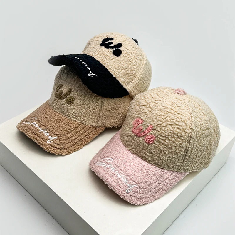 

New Unisex Color Block Letter Embroidery Baseball Hats Sunshade Outdoor Warm Berber Fleece Peaked Caps Versatile Casual Fashion