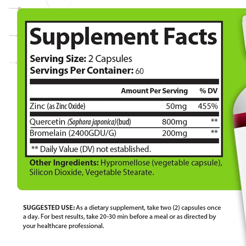Quercetin Combined with Bromelain and Zinc, A 60 Capsule Supplement, Helps with Immune Support