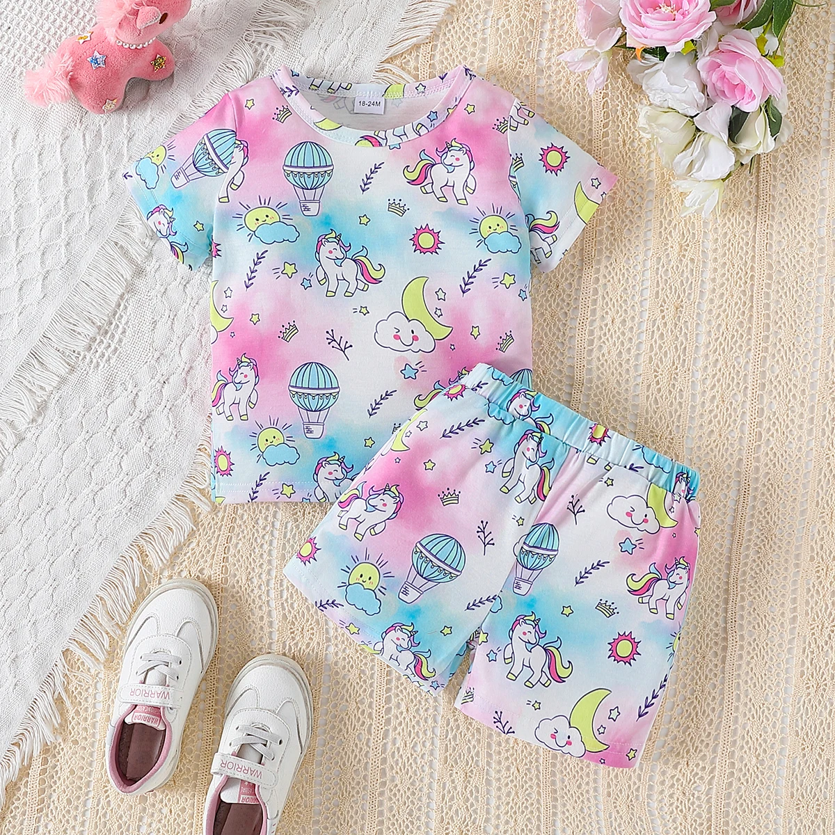 2pcs Summer Girls Unicorn Gradient Print Short Sleeve Set, Daily Wear/Home Casual/Outdoor Play, 1-6Y Girls, Crew Neck, Elastic
