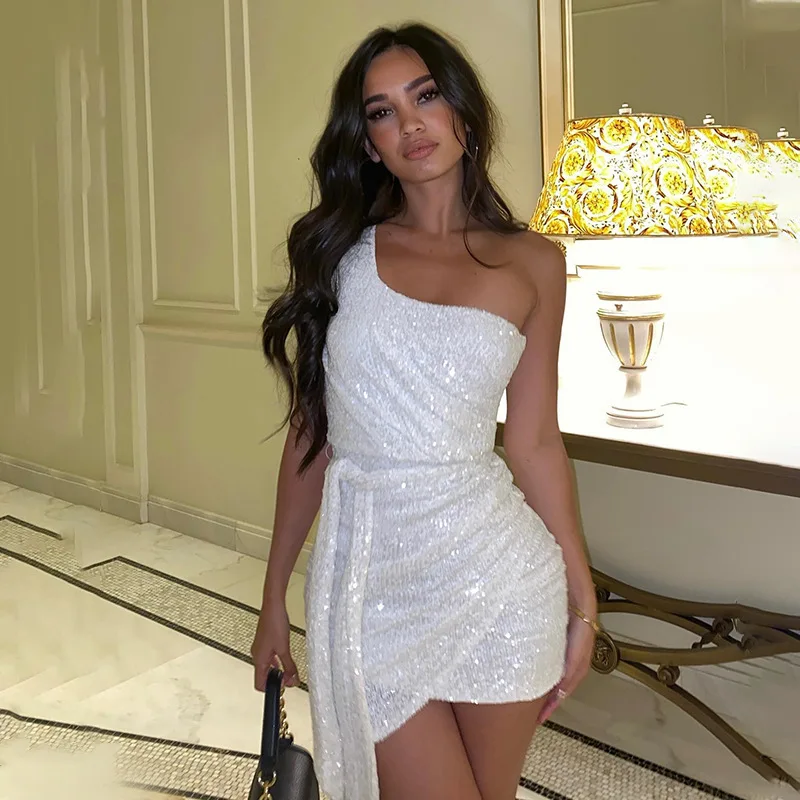 White Sequins Women Prom Dress Sexy One Shoulder Skirt With Train Sleeveless Sheath Short Mini Formal Birthday Evening Gown