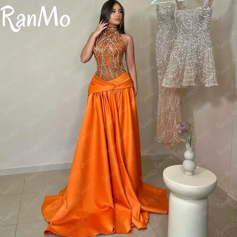 

Ranmo Elegant Vintage Sweet Sexy Halter Orange Mermaid Beads Crystal Customized Formal Occasion Prom Dress Evening Party Gowns