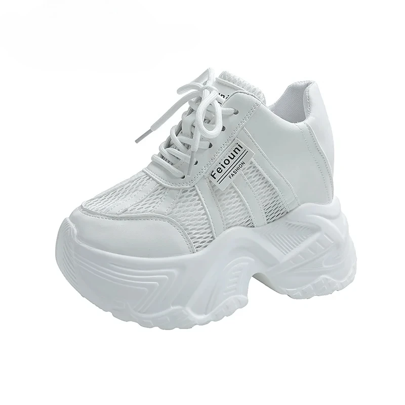 

Женские кроссовки на платформе 7,5 см, осенние спортивные туфли для папы на шнуровке, повседневная обувь на массивном каблуке с высоким берцем, женские белые туфли с сеткой на толстой подошве