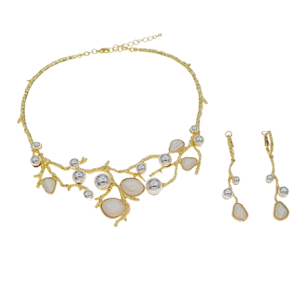 2Pcs Brazil Gold Plated Twig Branch Jewelry Set White Shell Crystal Bib Choker Necklace Long Drop Dangle Earrings For Women