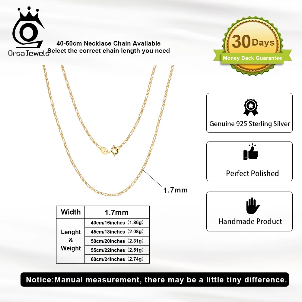 ORSA JEWELS Soild 925 Sterling Silver 1.7mm Figaro Chain Necklace Women Men Simple Figaro Link Chain Choker Lobster Clasp SC27