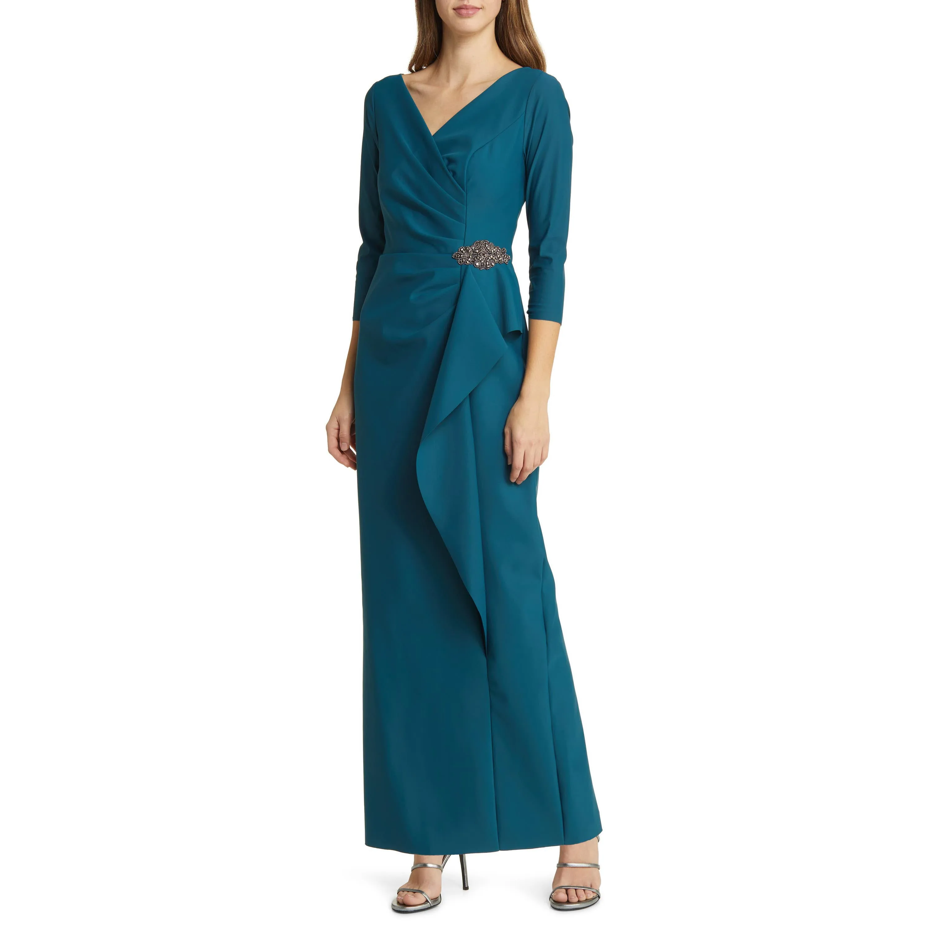 

Qcenkeren Straight Prom Dress Floor-Length Long Sleeves Evening Dress V-neck Formal Dress Ruched Column Gown Saudi Arbia 2024