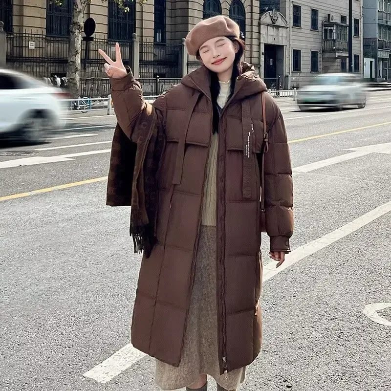 

Medium-long Style Parkas Women Korean Chic Winter New Solid Color Fashion Hooded Cotton Outerwear Loose Leisure Thickened Warm