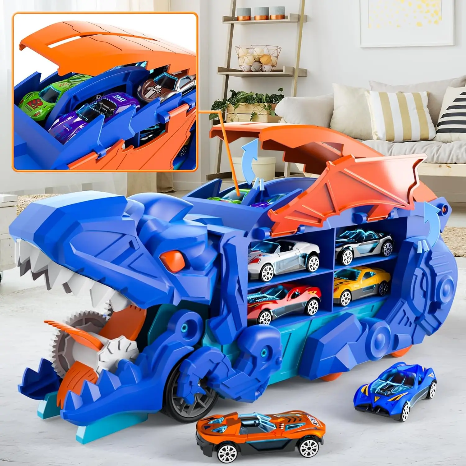 Toddler Truck Toys Cars Track Set Dinosaur Transporter Truck with 8 Die-Cast Car Toys,Transforms into Dino,Toddler Car Toys Set