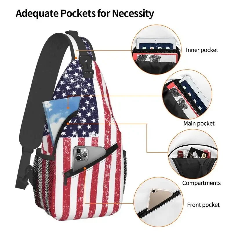 Custom Grunge American Flag Sling Bag for Men United States USA Stars Stripe Shoulder Chest Crossbody Backpack Traveling Daypack