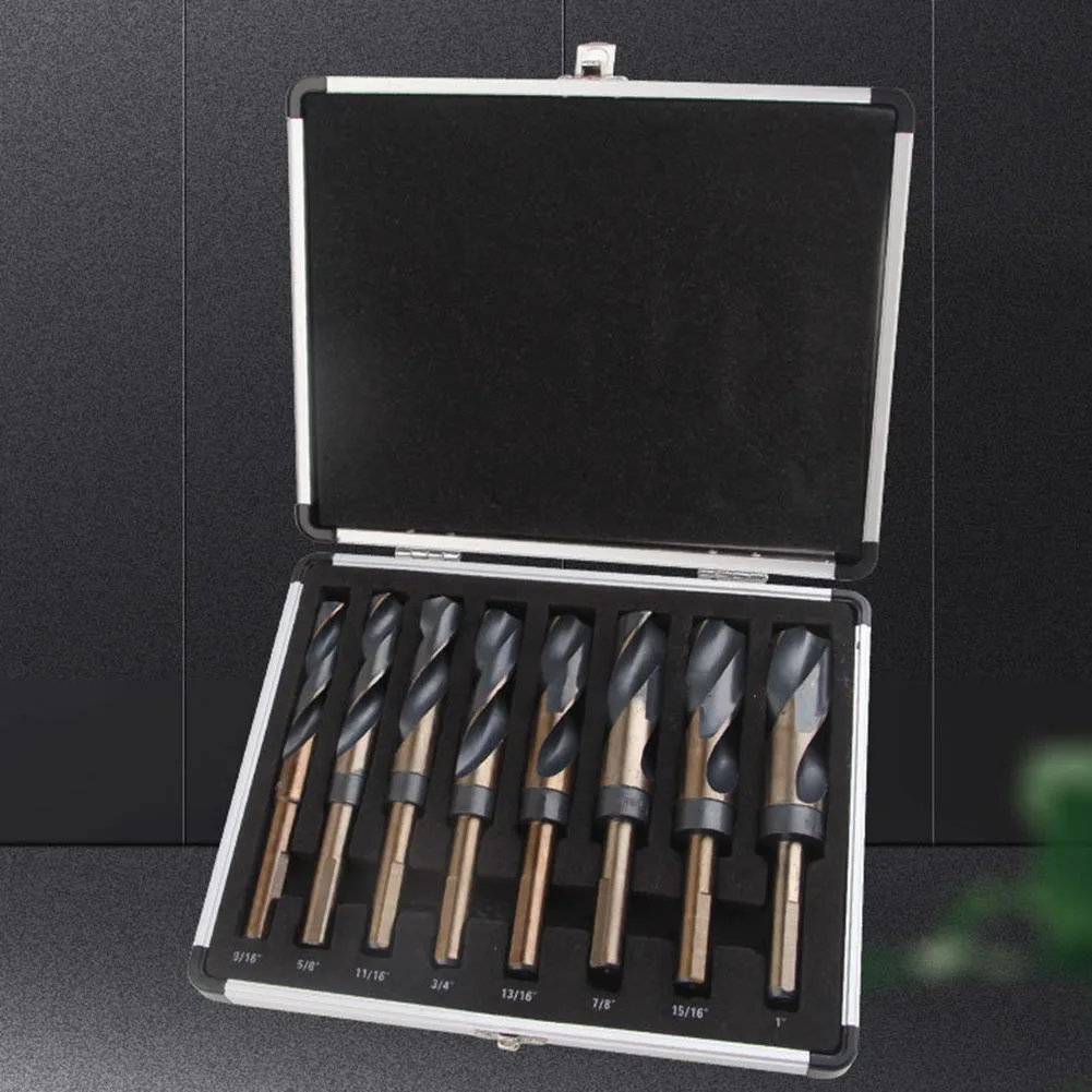 8-Piece 1/2 "mengurangi Shank Deming Set mata bor besar M2 HSS 135 derajat Split Point mata bor putar dengan casing bawaan aluminium