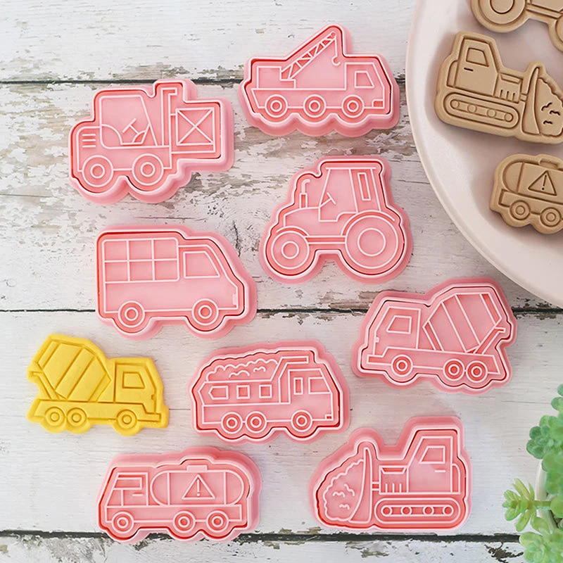 8Pcs/set Vehicle Engineering Car 3D Cartoon Cookie Mold Biscuit Cutter Stamps DIY Fondant Plunger Cake Tools Kitchen Baking Tool