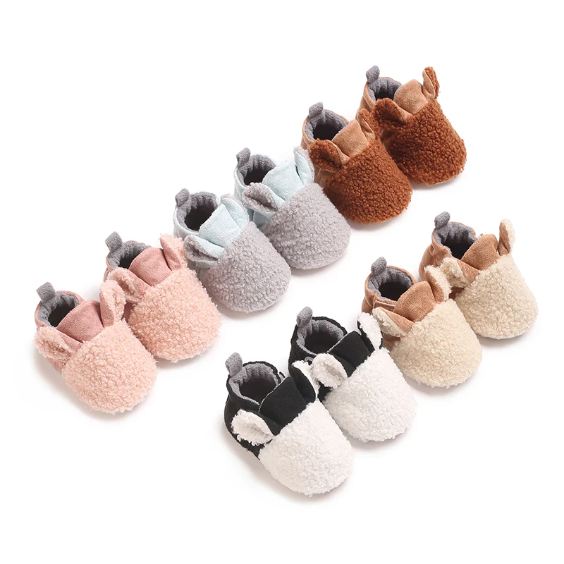 Suefunskry Newborn Baby Winter Crib Shoes Contrast Color Warm Flats with Cute Ears Casual Walking Shoes for Toddler Infant 0-18M