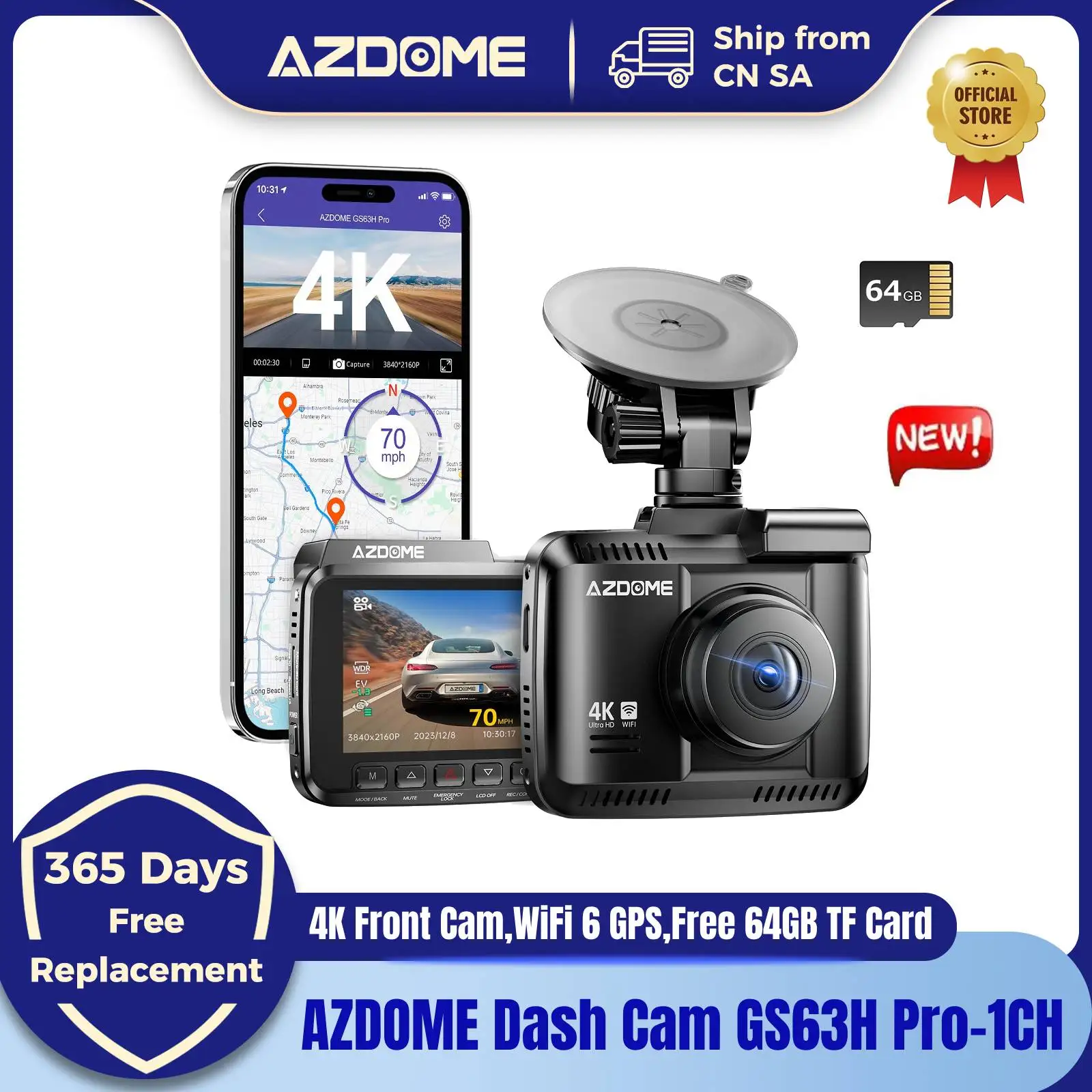 AZDOME Dash Cam GS63H Pro-1CH 4K Built-in WiFi 6 GPS Camera AZDOME Car DVR 24H Parking Monitor Only Front Cam Free 64GB TF Card