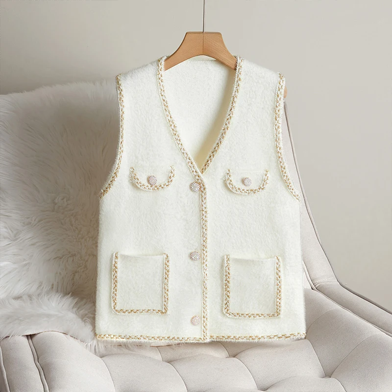 Fall Winter Vest Women Glittery Trim Fuzzy Knit Button Pocket Front Sleeveless Sweater Jacket Coat Luxury Outfit