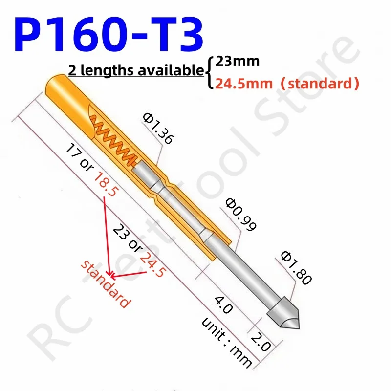 

100PCS P160-T3 Spring Test Probe Test Pin Pogo Pin Nickel Plated Pin Dia1.36mm Length 23 or 24.5mm P160-T Head 1.8mm PCB Tool