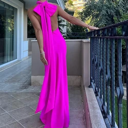 Elegant Halter Backless Satin Evening Dress Women Sexy Bow Lace-up Solid Long Dress Fashion Temperament Hollow Out Party Dresses