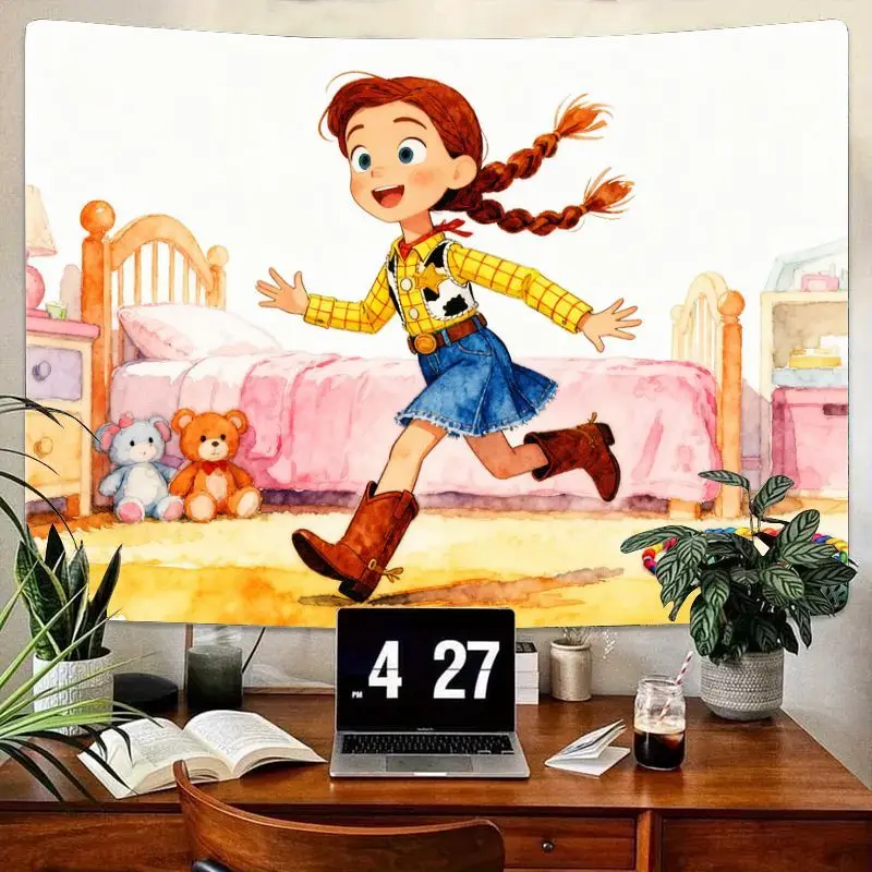 

1 шт. яркий гобелен «Маленькая ковбойка», акварельный мультяшный настенный рисунок в стиле Джесси, современный полиэстер, декор для детской спальни, подарок для G