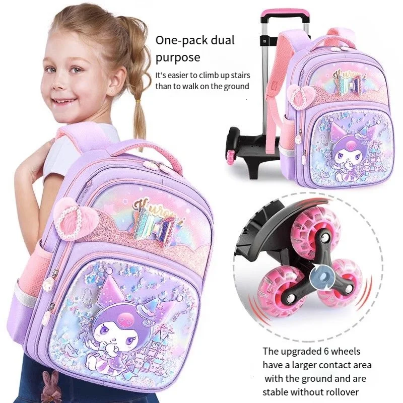 Cinnamoroll Schoolbag Anime Kids Hello Kittys Trolley Bag Kuromi Student Backpack with Wheels Save Effort High Capacity Durable