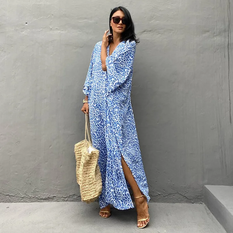 Blue Leopard Printing Bikini Cover Up Long Kimono Cardigan Loose Tunic Women Dress Beach Wear Swim Suit Cover Up