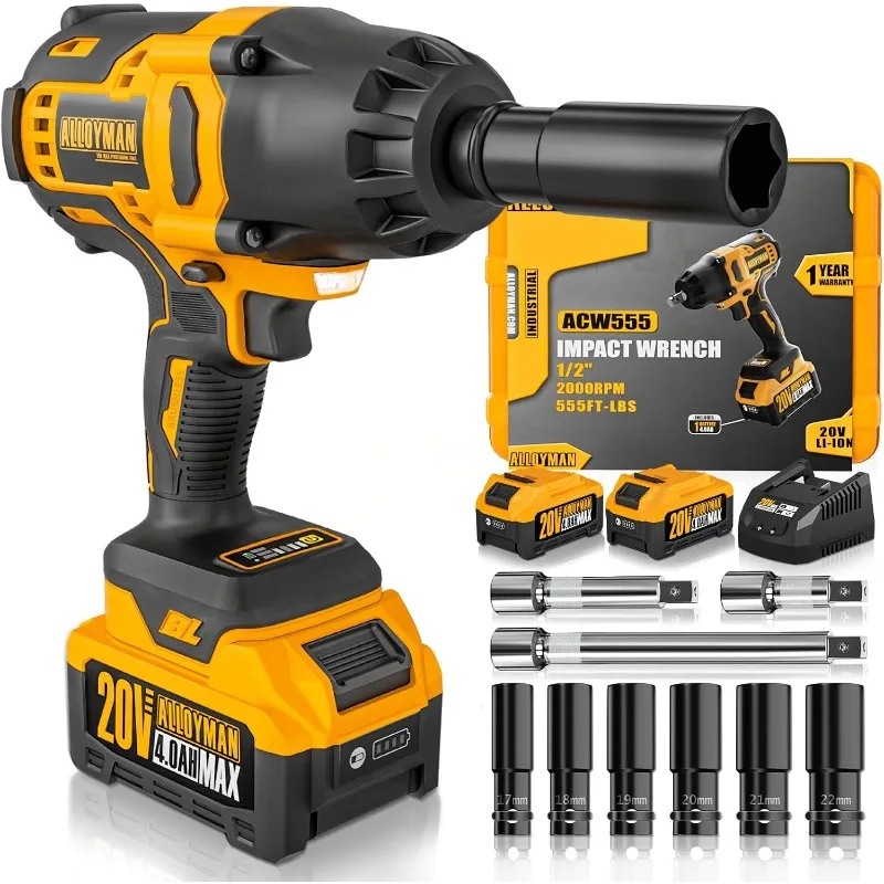 n 1/2 inch Impact Wrench Cordless, (750 N.m) 555 Ft-lbs Hight Torque Wrench,20V Power Impact Driver, Brushless Motor 2000