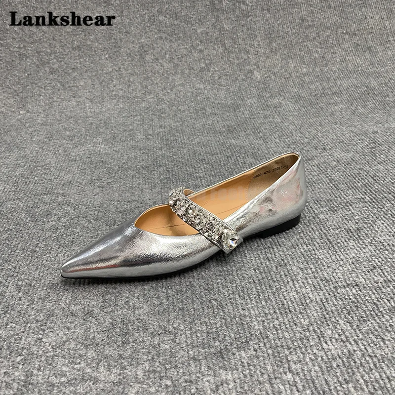 Genuine Leather Velvet Flat Shoes for Ladies Shallow Mouth Pointy Rhinestone Slip-On Mary Jane Single Shoes Women's Shoes