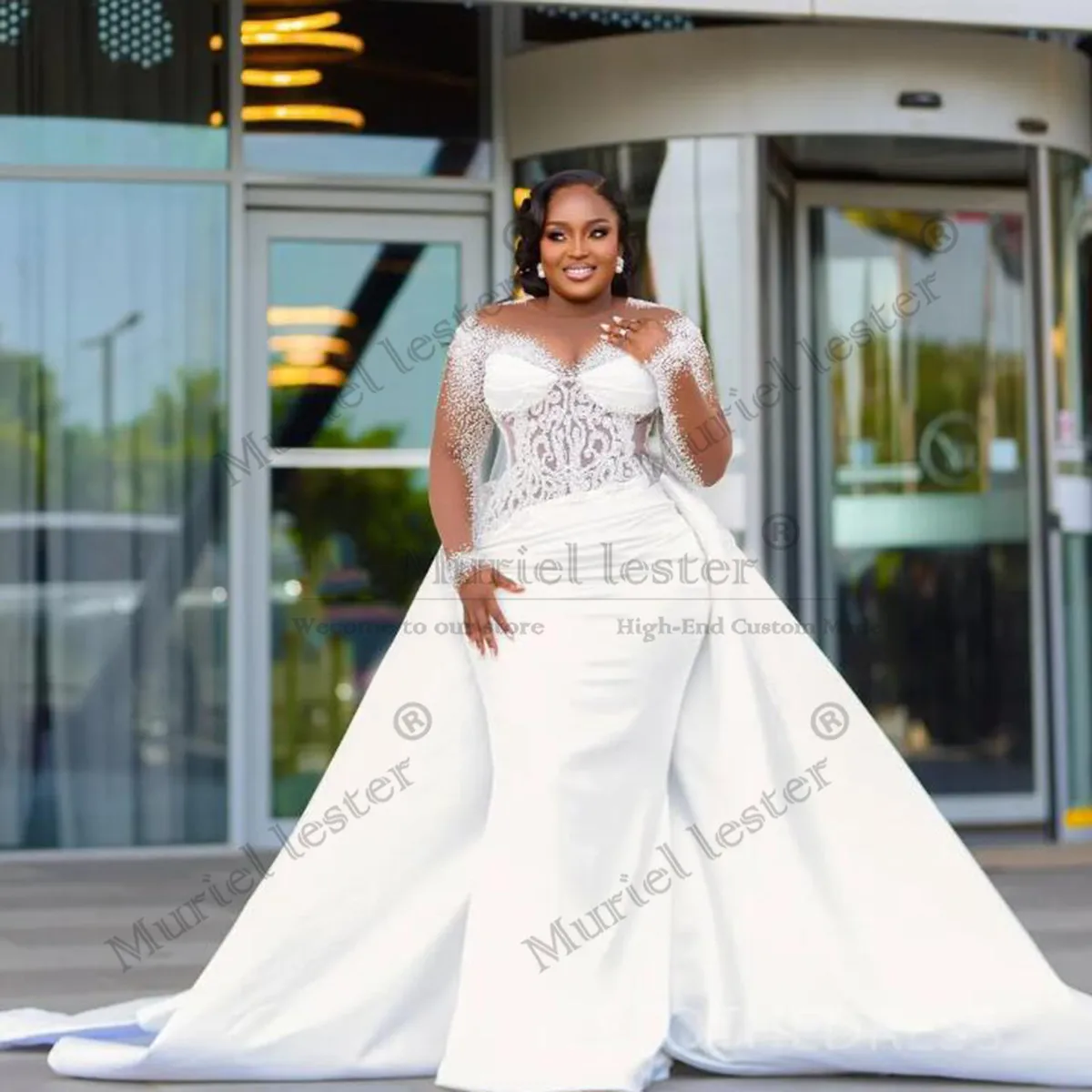 

African Mermaid Wedding Dresses For Bride Illusion O Neck Long Sleeves Bridal Gowns With Detachable Train 2 In 1 Style Dress