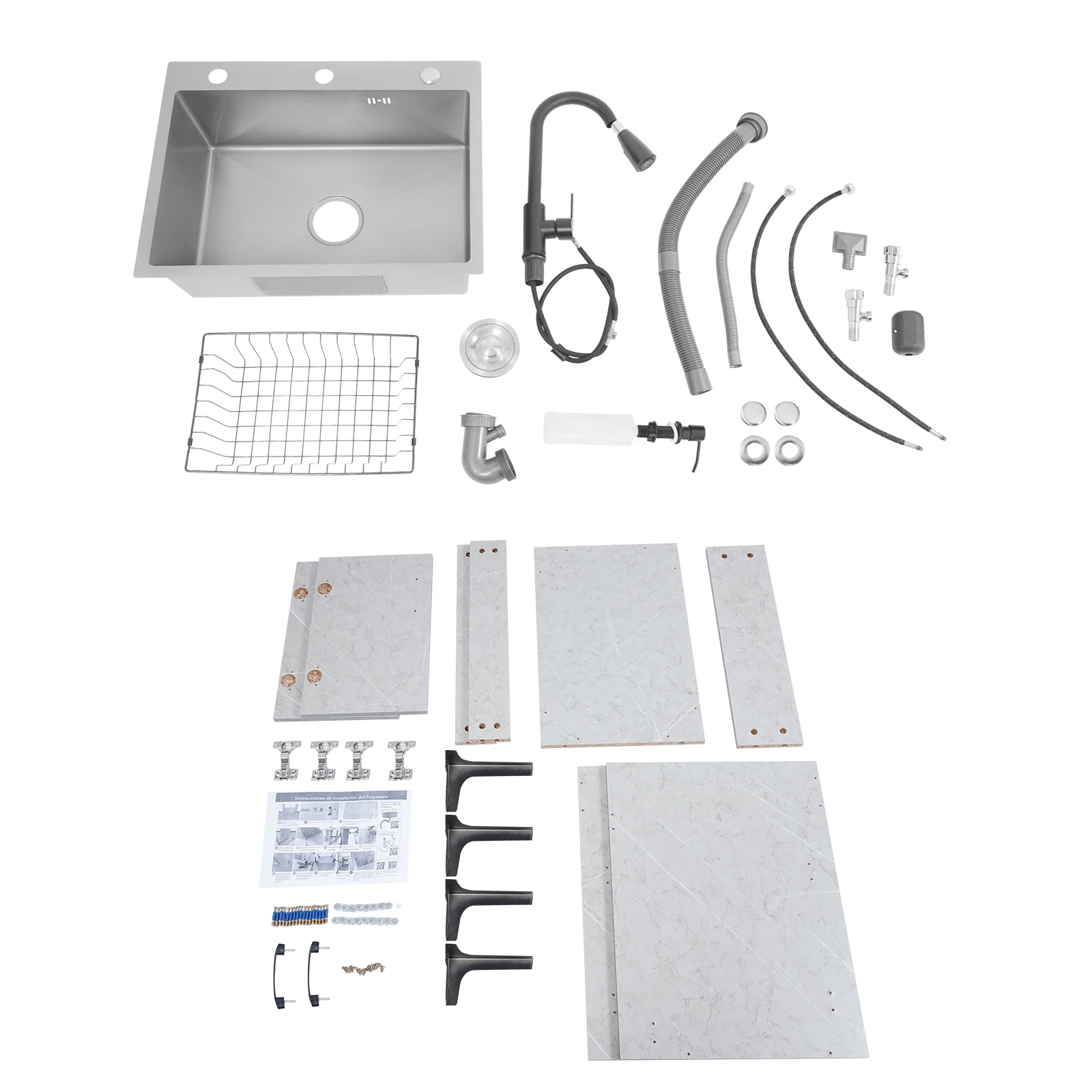 Freestanding Kitchen Sink Cabinet with Pull Out Faucet, Grey Stainless Steel Laundry Utility Sink with Drain Board