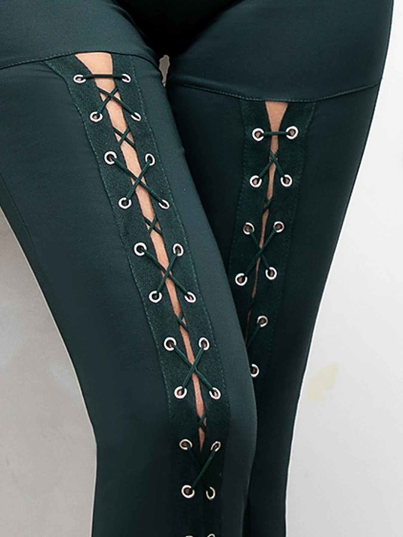 Europe And The United States Sexy Green Nine-point Pants Double Row Corns Lace-up Leggings Front Lace-up Small Leg Pants